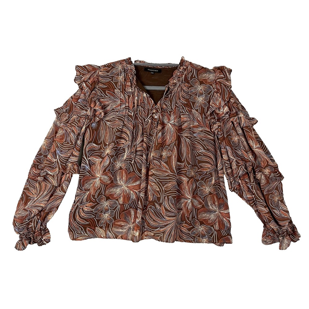 Olivaceous Blouse Womens XL Long Balloon Layered Sleeves V‎ Neck Buttons Ruffles